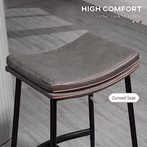 HOMCOM Set of 2 Grey Microfibre Upholstered Industrial Bar Stools with Metal Frame – 4