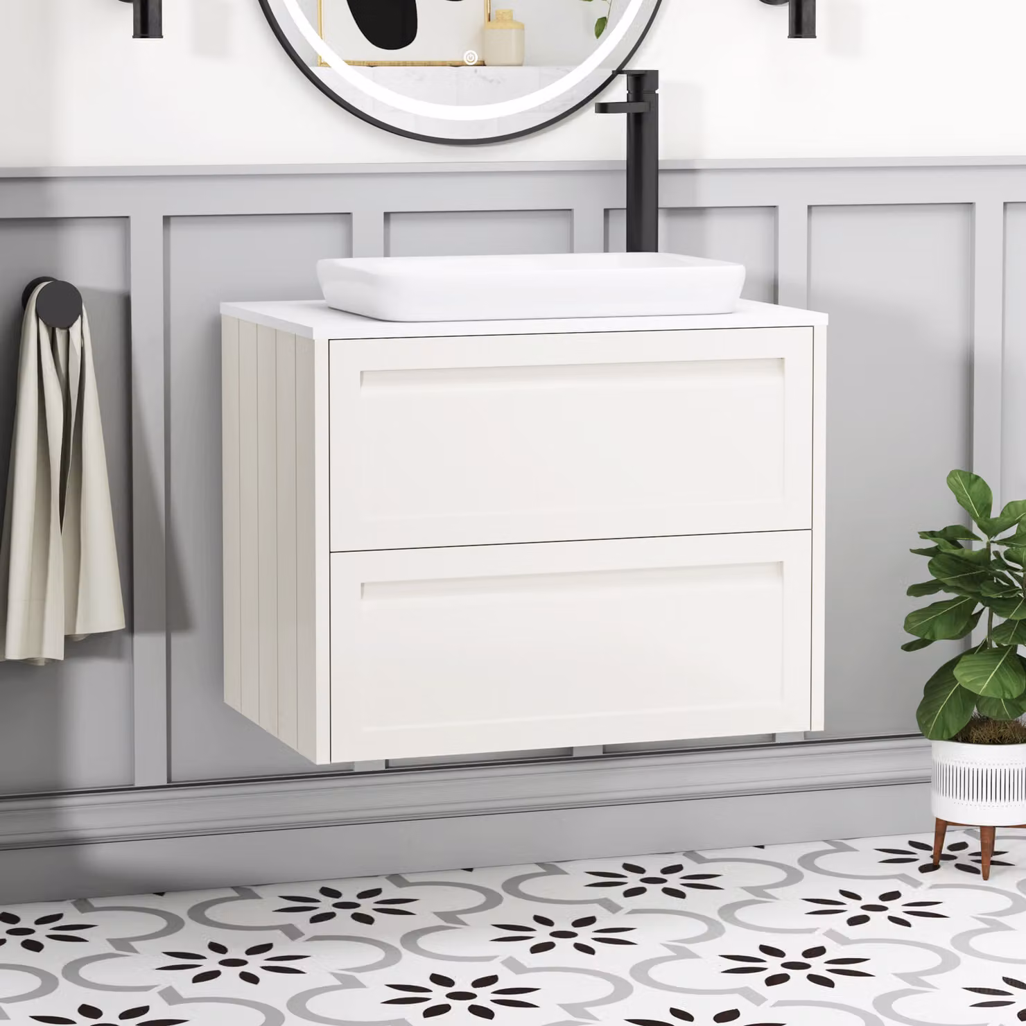 Royal Bathrooms Elmore Classic White Wall Hung Vanity Unit with Qubix Basin and 2 Drawers