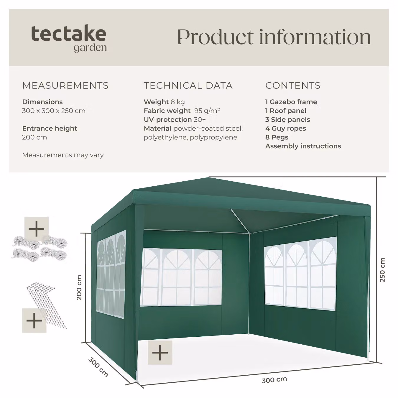 tectake Gazebo Barinas Green with 3 Side Panels and Windows, W/D/H: 300 x 300 x 250 cm – 6