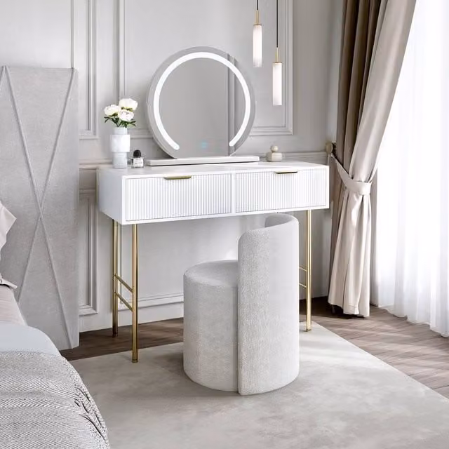 CARME HOME Esme Dressing Table with Elsie LED Mirror in White and Lottie Bouclé Stool in White