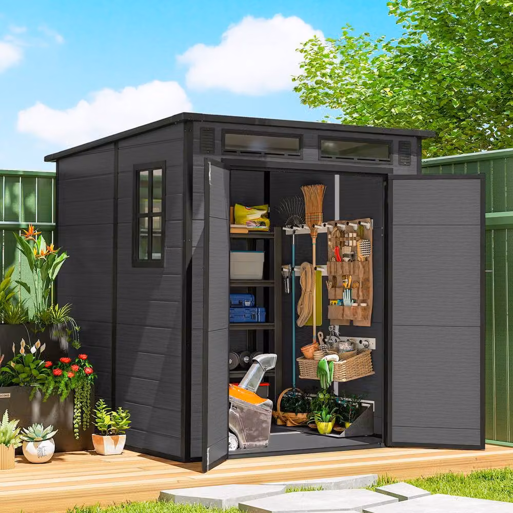 Outsunny Plastic Garden Shed with Floor and Lockable Double Doors in Dark Grey, W/D/H: 182.88 x 182.88 x 200 cm – 2