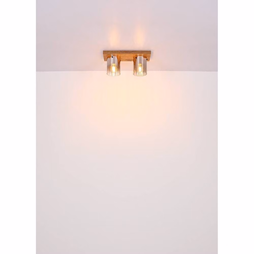 Netlighting Underwood Cluster Ceiling Light in Brown with Wood Look and Smoke Glass, 2x E27 – 3