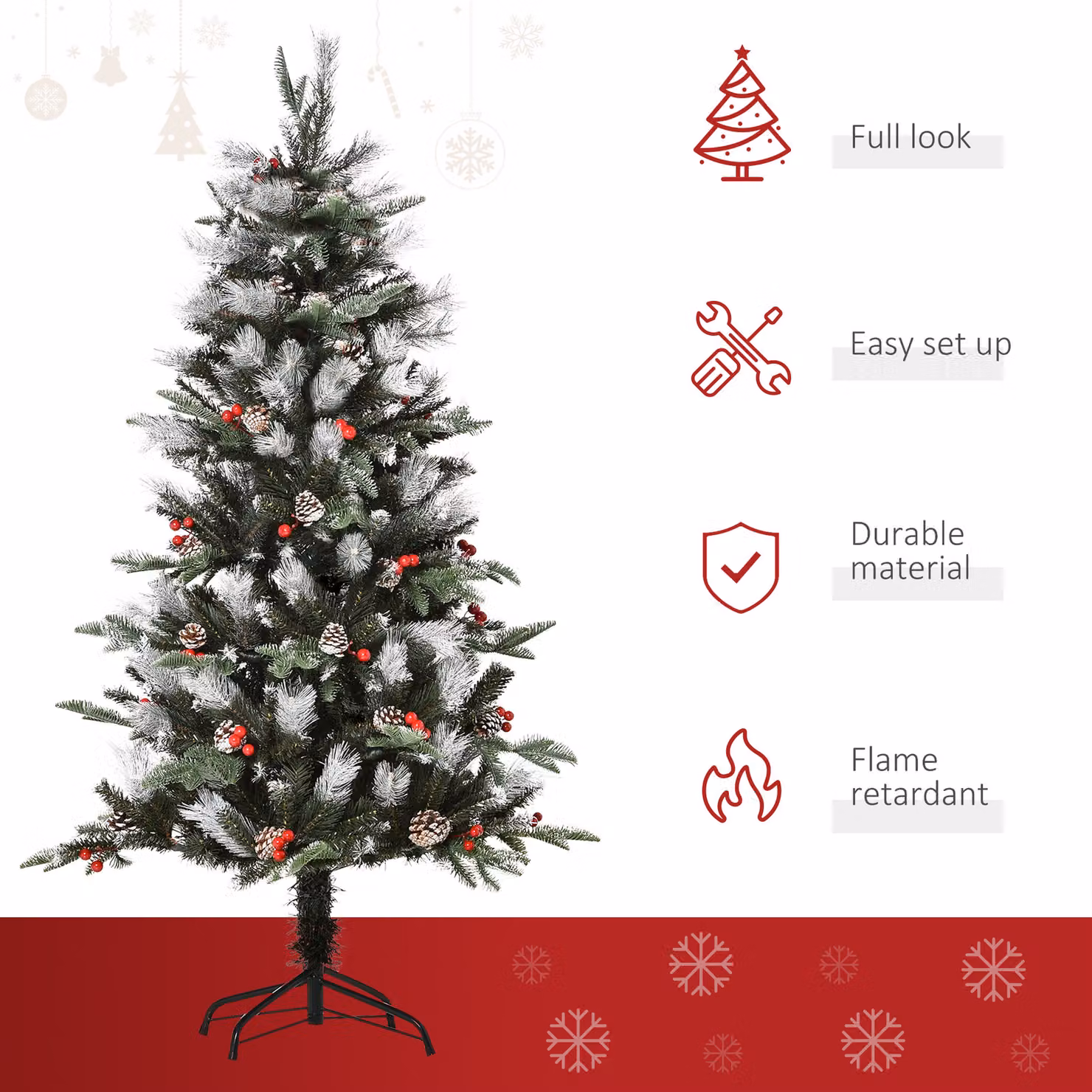 HOMCOM 5ft Artificial Snow Dipped Christmas Pencil Tree with Berries and Pinecones, Green and Red – 3