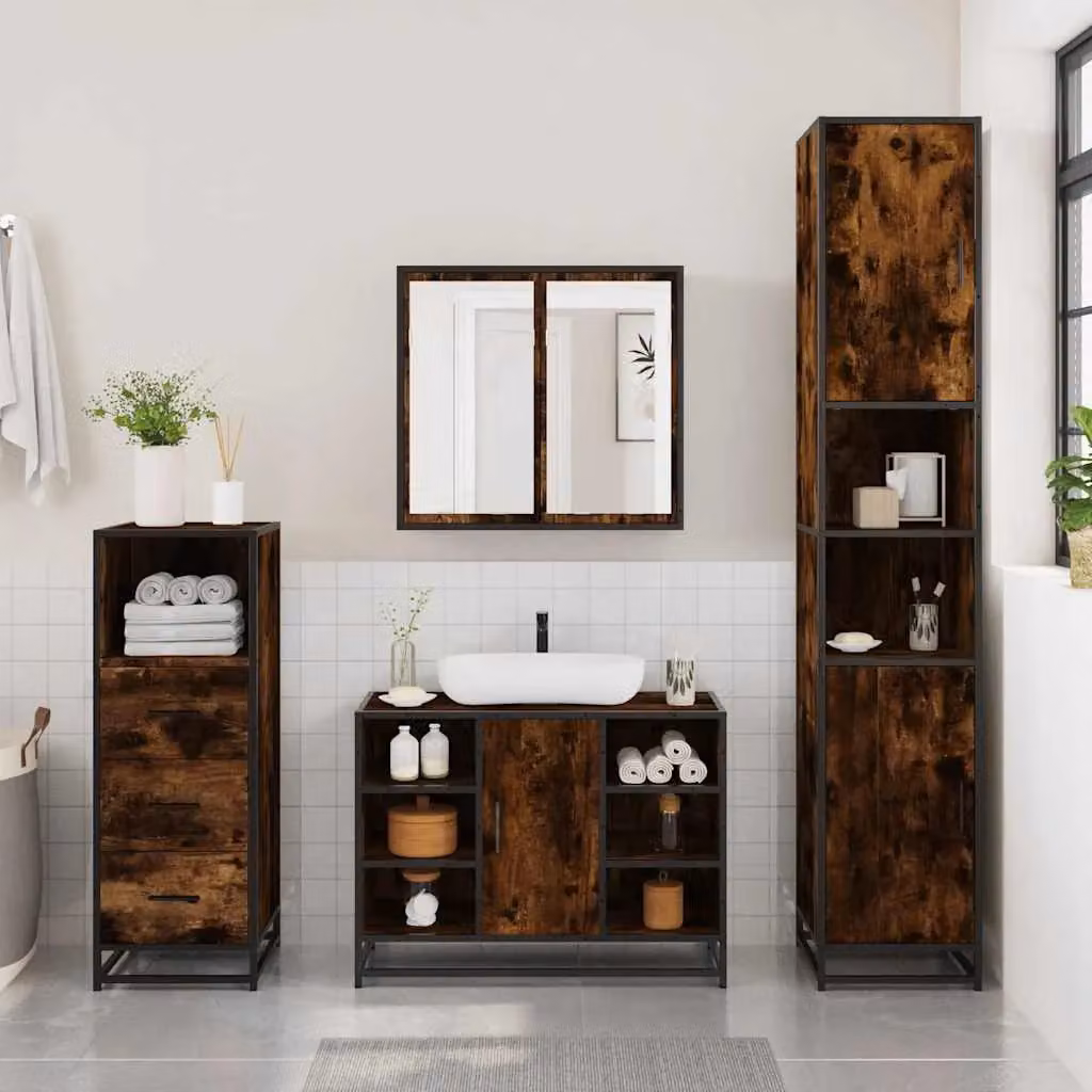 Berkfield Home 3 Piece Industrial Bathroom Furniture Set in Brown Smoked Oak – 2