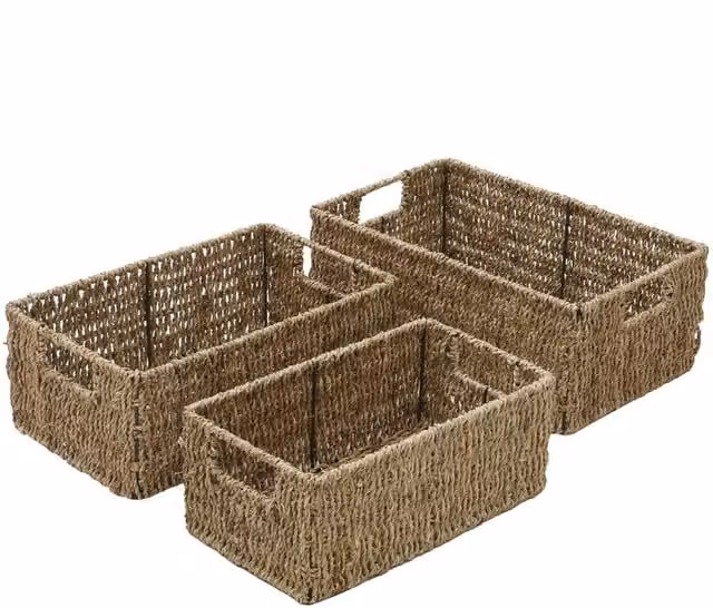 JVL Set of 3 Large Brown Open Weave Seagrass Rectangle Baskets