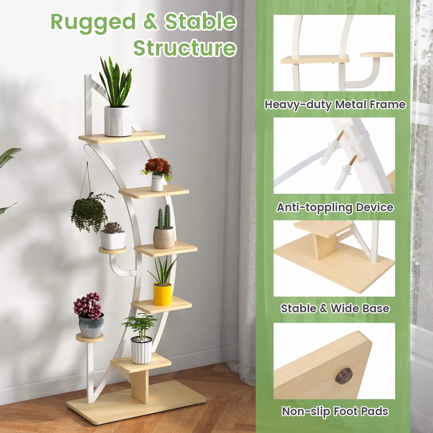 Costway 8-Tier Tall Wooden Plant Stand Rack, Curved Half Moon Shape Ladder Planter Shelf with Top Hook, White – 3