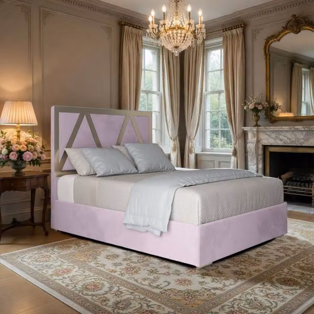 KDMD Eskdale Upholstered Soft Velvet Designer Bed Frame in Pink with Metal Details, Super King Size 200 x 200 cm – 1
