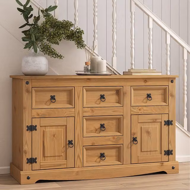 Mews Corona Sideboard with 5 Drawers and 2 Doors in Rustic Waxed Pine, Brown and Black