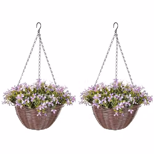 HOMCOM Set of 2 Purple Artificial Hanging Flowers in Rattan Baskets – 1