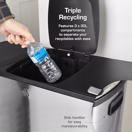Swan 90L Stainless Steel Recycling Pedal Bin in Silver with Soft Close and Fingerprint Proof Finish – 3