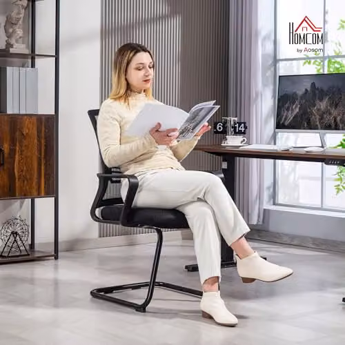 HOMCOM Black Fabric Meeting Office Chair with Armrests and Cantilever Base – 2