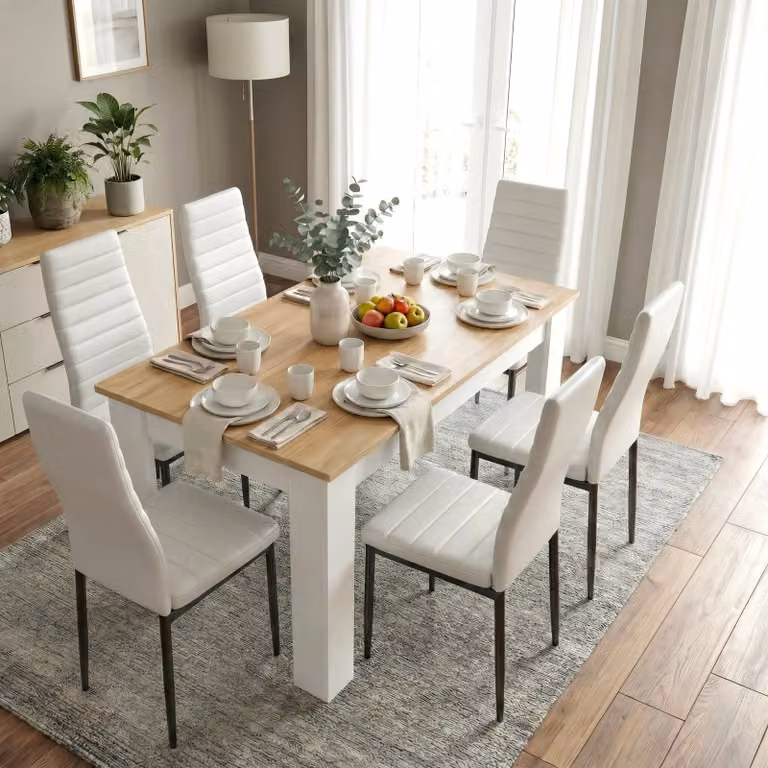 DHS Modern Rectangular Pine Wood Dining Table and 6 Chairs Set in White, Black or Grey, W/D/H: 180 x 80 x 75 cm