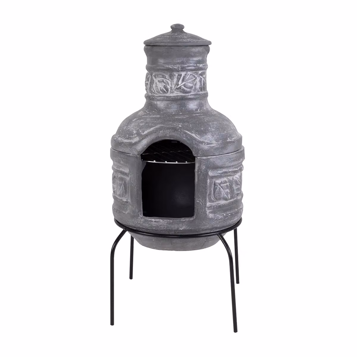 Charles Bentley Clay Chiminea BBQ Grill with Leaf Motif Rain Lid in Grey – 3