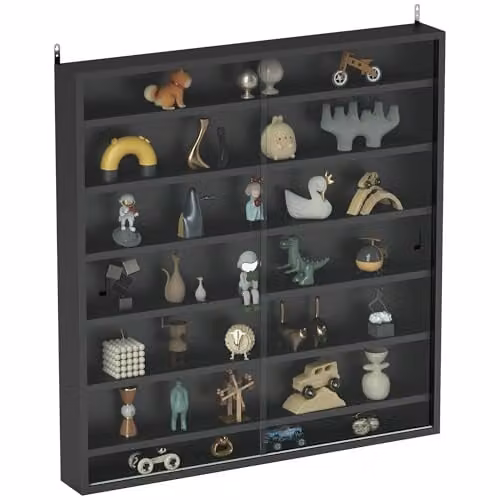 HOMCOM 7-Tier Wall Mounted Display Cabinet with Glass Doors in Black, W/H: 80 x 83 cm – 1