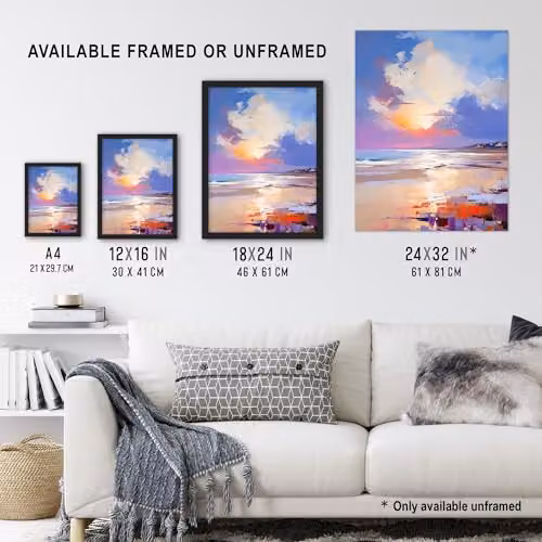 Artery8 Beach Sunrise Abstract Oil Painting Poster Print in Orange, Purple and Blue – 3