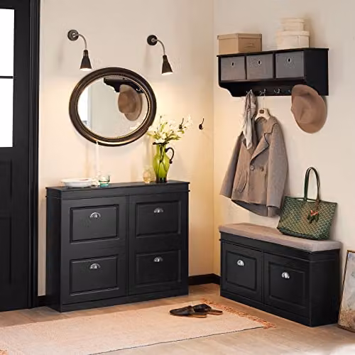 SoBuy Modern Black Shoe Storage Cabinet with Tilting Compartments, W/D/H: 105 x 24 x 82 cm – 2