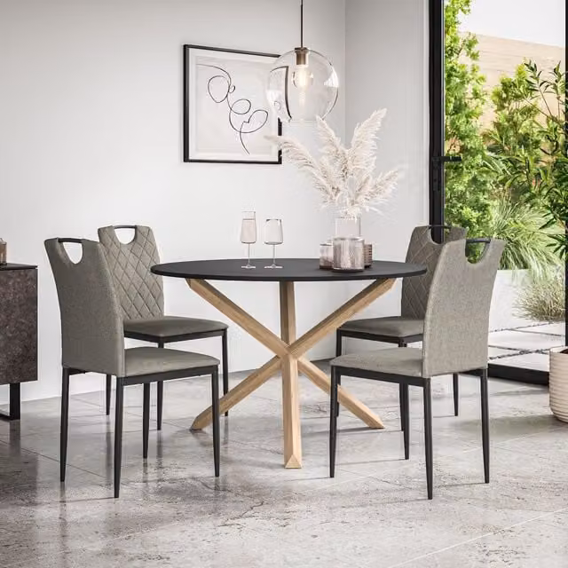 More4Homes Malvern Round Dining Table and 4 Monza Fabric Chairs Set, Black Table Top with Solid Oak Legs and Grey Chairs, Diameter: 120 cm, Height: 75 cm