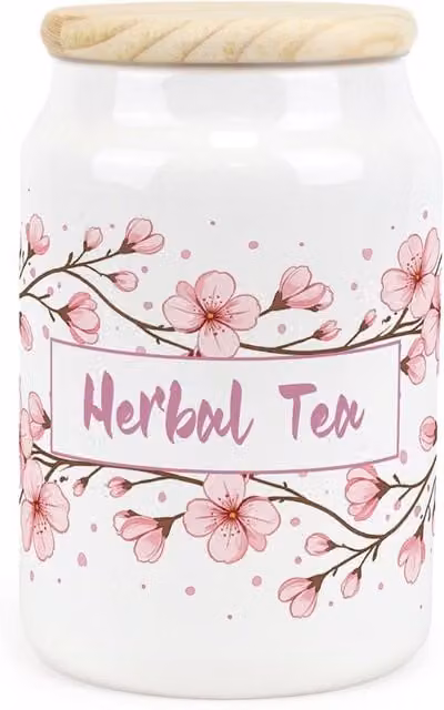 Purely Home Floral Cherry Blossom Ceramic Herbal Tea Storage Canister in Pink and White