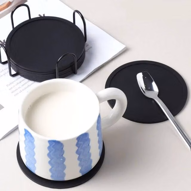 KORVIXA 12-Piece Black Round Silicone Coasters, Diameter: 10 cm