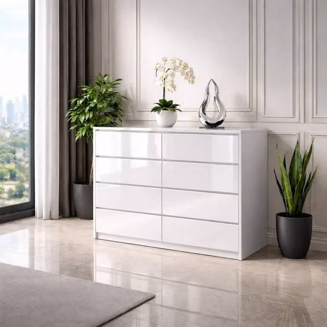 Harmin White 8 Drawer High Gloss Chest of Drawers with Sleek Handleless Design