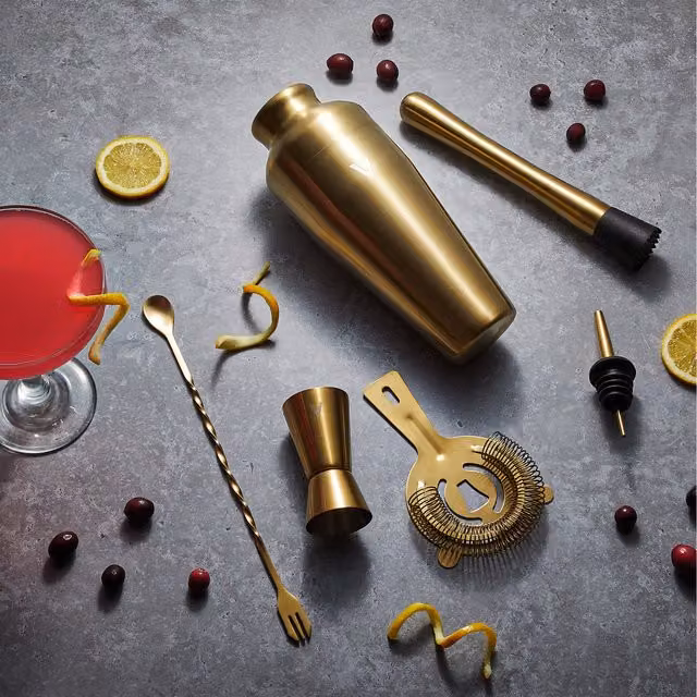 VonShef 6-Piece Gold Stainless Steel Parisian Cocktail Shaker Set with Bar Spoon and Accessories
