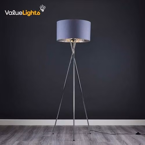 ValueLights Camden Chrome Metal Tripod Floor Lamp with Grey and Chrome Shade – 3
