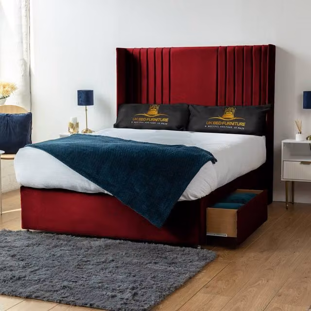 UK Bed Furniture Skyline Wingback Divan Bed with 2 Drawers and 54 Headboard in Red Velvet, W/D/H: 140 x 200 cm