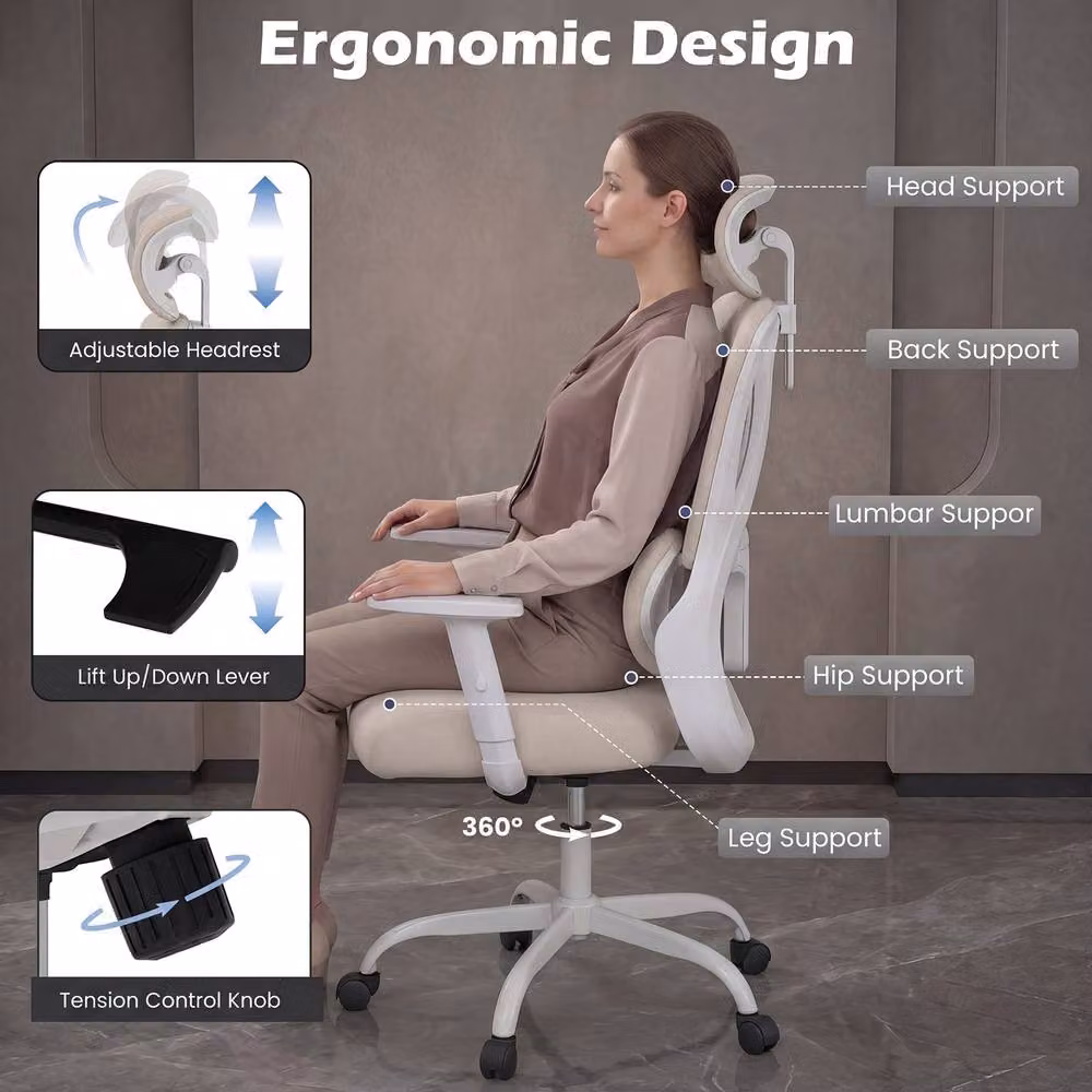 Gymax Ergonomic High Back Office Chair with Headrest, Lumbar Support and Armrests in Beige Fabric – 4