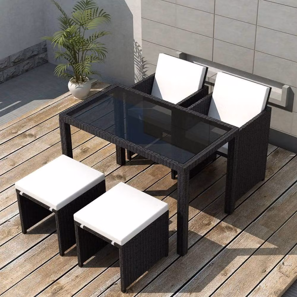 Berkfield Home Elegant 5 Piece Outdoor Dining Set with Cushions in Black Poly Rattan and Metal – 1