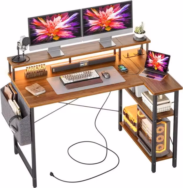 BEXEVUE L-Shaped Computer Gaming Desk with Power Outlets and Shelves in Brown, W/D/H: 120 x 70 x 75 cm