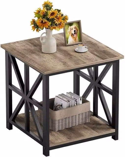 FORGEVIO Grey Wash 2-Tier Industrial Living Room Side Table, W/D/H: 50 x 50 x 50 cm – 1