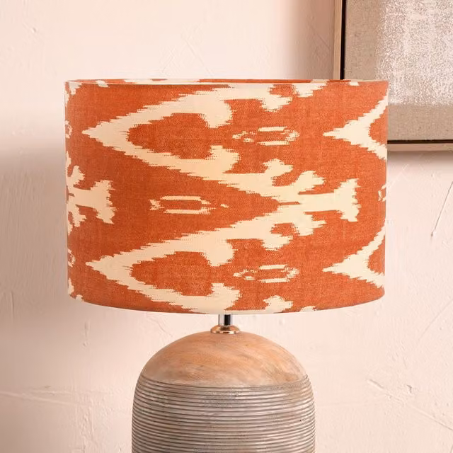 Ruma Orange Ikat Patterned Cylinder Fabric Lampshade for Table Lamps, Diameter: 35.56 cm – 1