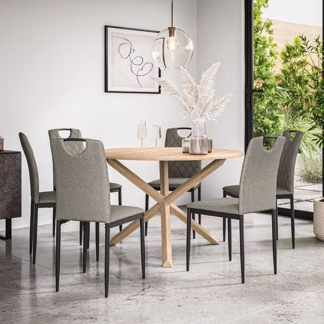 More4Homes Malvern Round Dining Table and 6 Monza Fabric Chairs Set, Oak Top with Solid Oak Legs and Grey Chairs, Diameter: 120 cm, Height: 75 cm