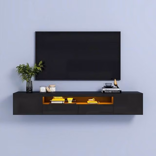KEEPREAPER Floating TV Stand for 55-80 inch TVs with LED Light and Storage Cabinet, Black
