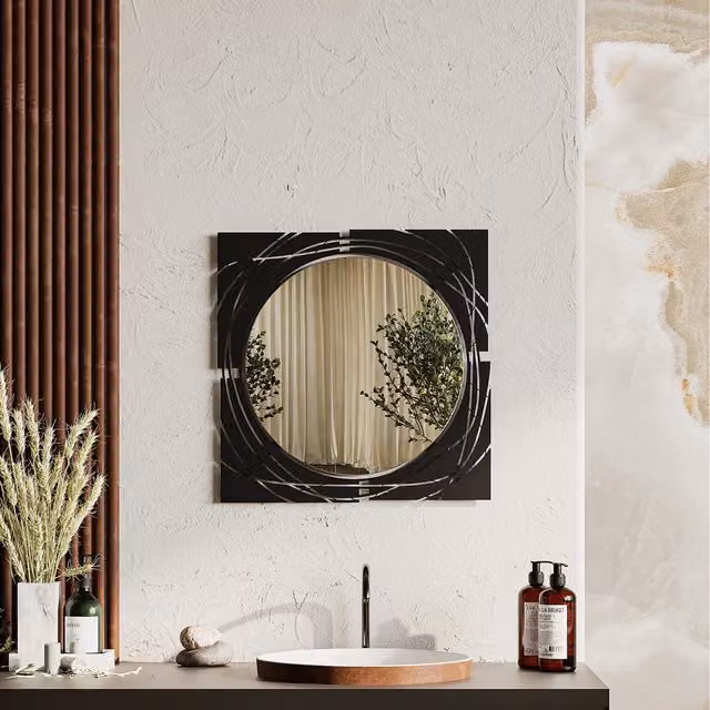 Decortie Hulla Modern Abstract Round Wall Mirror in Textured Black