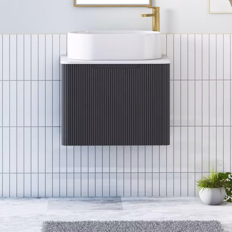 Royal Bathrooms Avenza Wall Hung Vanity Unit with Peak Basin, Matt Obsidian Black and Plain White Worktop, Width: 60 cm
