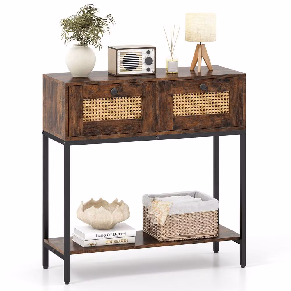 Costway Boho Modern Wooden Console Table with 2 Drawers, Brown – 3