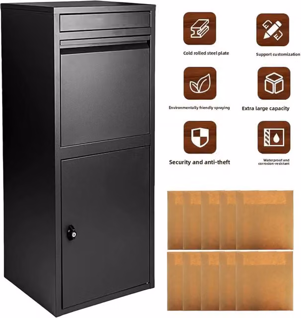 Hinsinc Wall Mounted Lockable Steel Parcel Box in Black, W/D/H: 38.0 x 41.0 x 103.0 cm