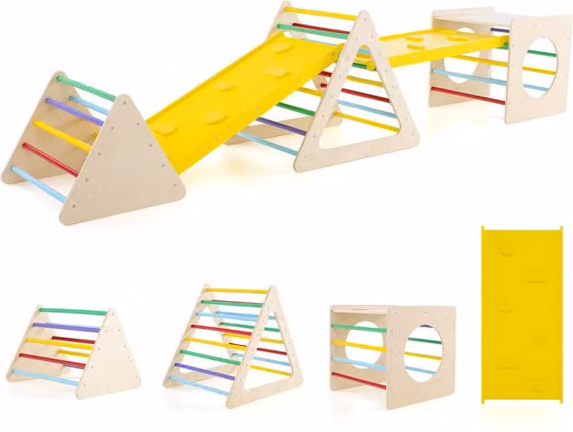 Costway Set of 5 Modular Wooden Toddler Triangle Climbers in Yellow and Multicolour