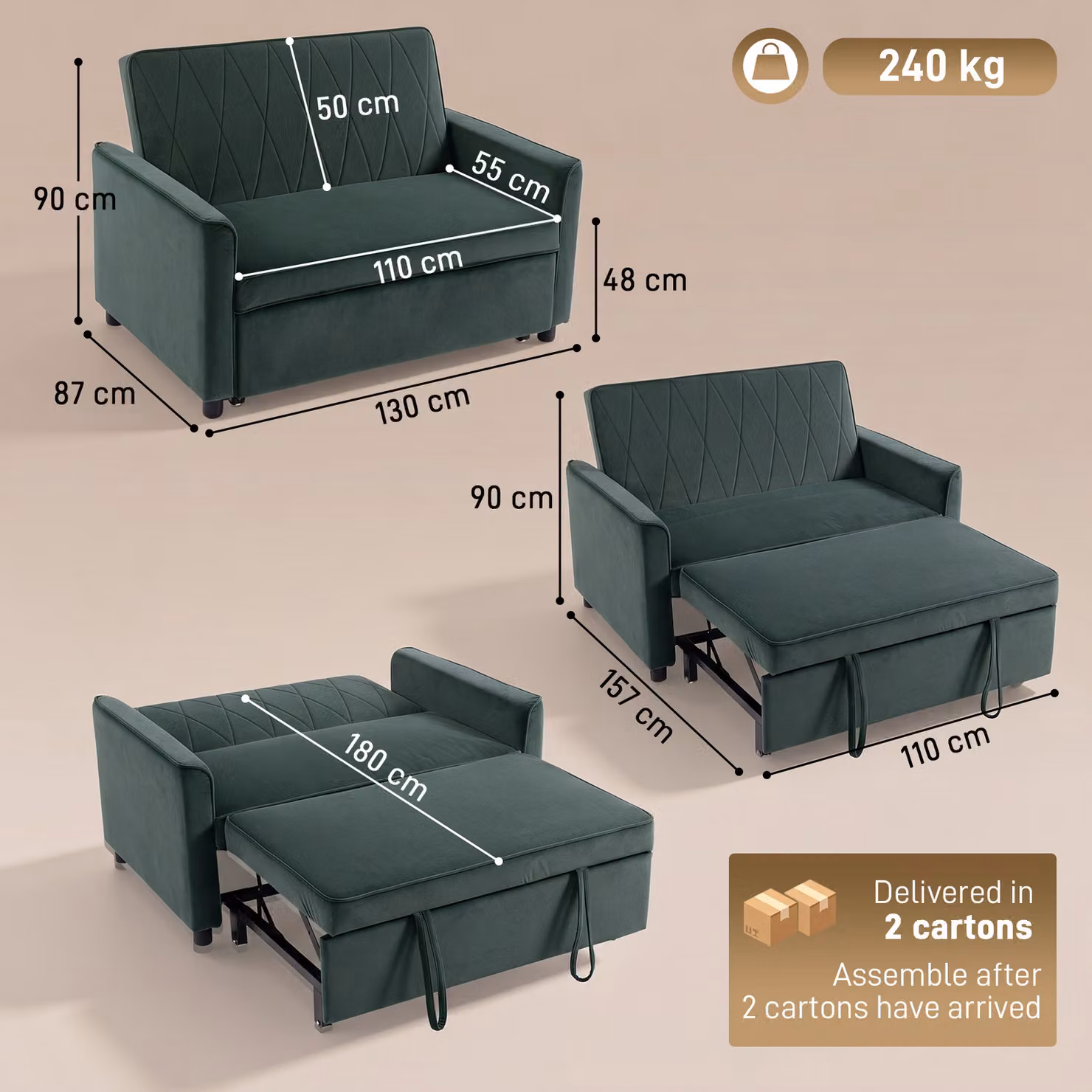 HOMCOM 2 Seater Convertible Velvet Sofa Bed with Click-Clack Adjustable Backrest, Dark Green – 3