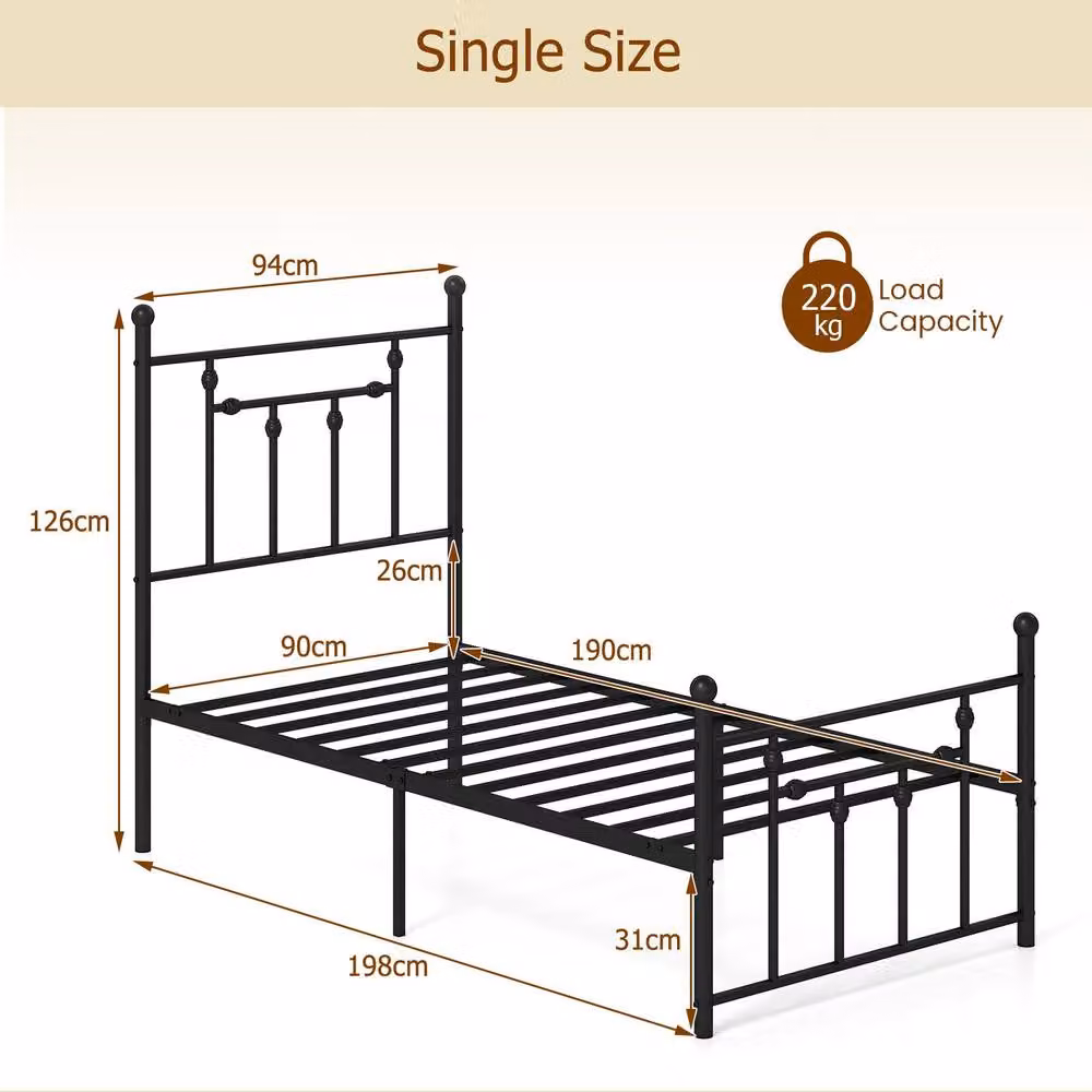 Costway Single Metal Bed Frame with Metal Slats, Black, W/D/H: 90 x 200 cm – 2