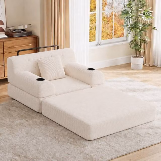 Matteo 1-Seater Tufted Corduroy Sleeper Sofa in Beige
