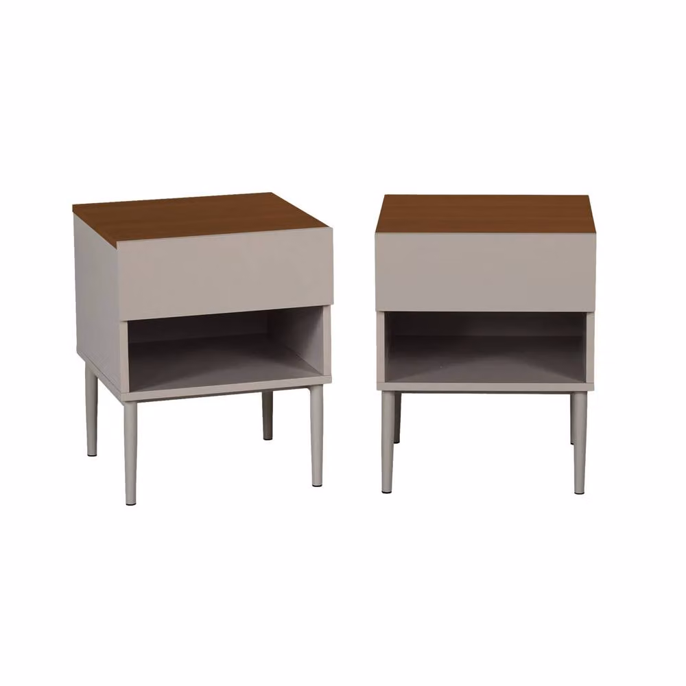 Sweek Set of 2 Modern Bedside Tables in Grey and Walnut with Metal and Wood Finish, featuring 1 Door and 1 Niche – 2
