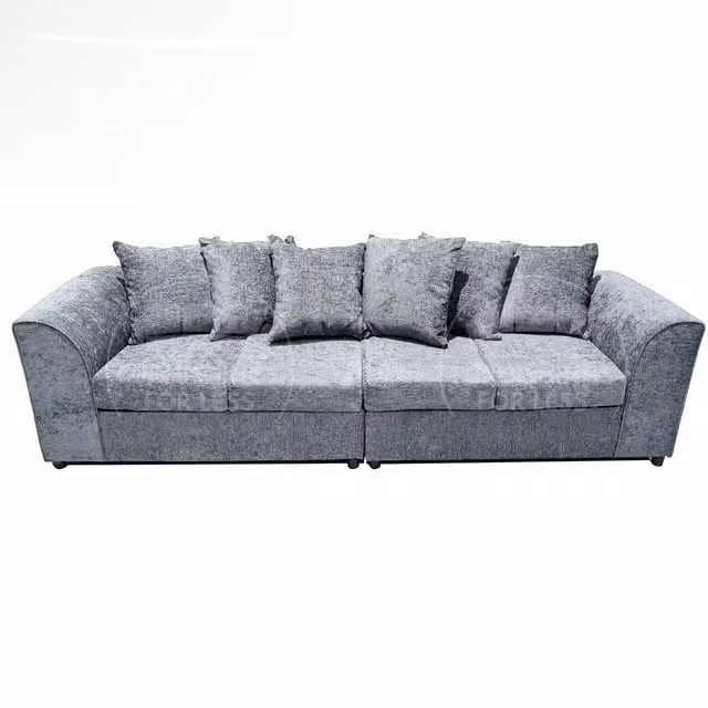 Furnishings For Less UK Monaco 4 Seater Chenille Fabric Sofa in Light Grey with Curved Arms and Scatter Cushions