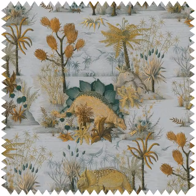 House of Hackney Dinosauria Cotton-Linen Fabric Sample in Blue and Multicolour