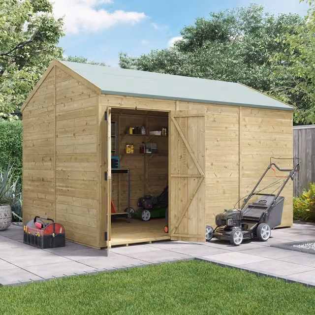BillyOh Rustic Brown Wooden Apex Shed with Tongue and Groove Construction and Floor, W/D/H: 365.76 x 270 x 230 cm