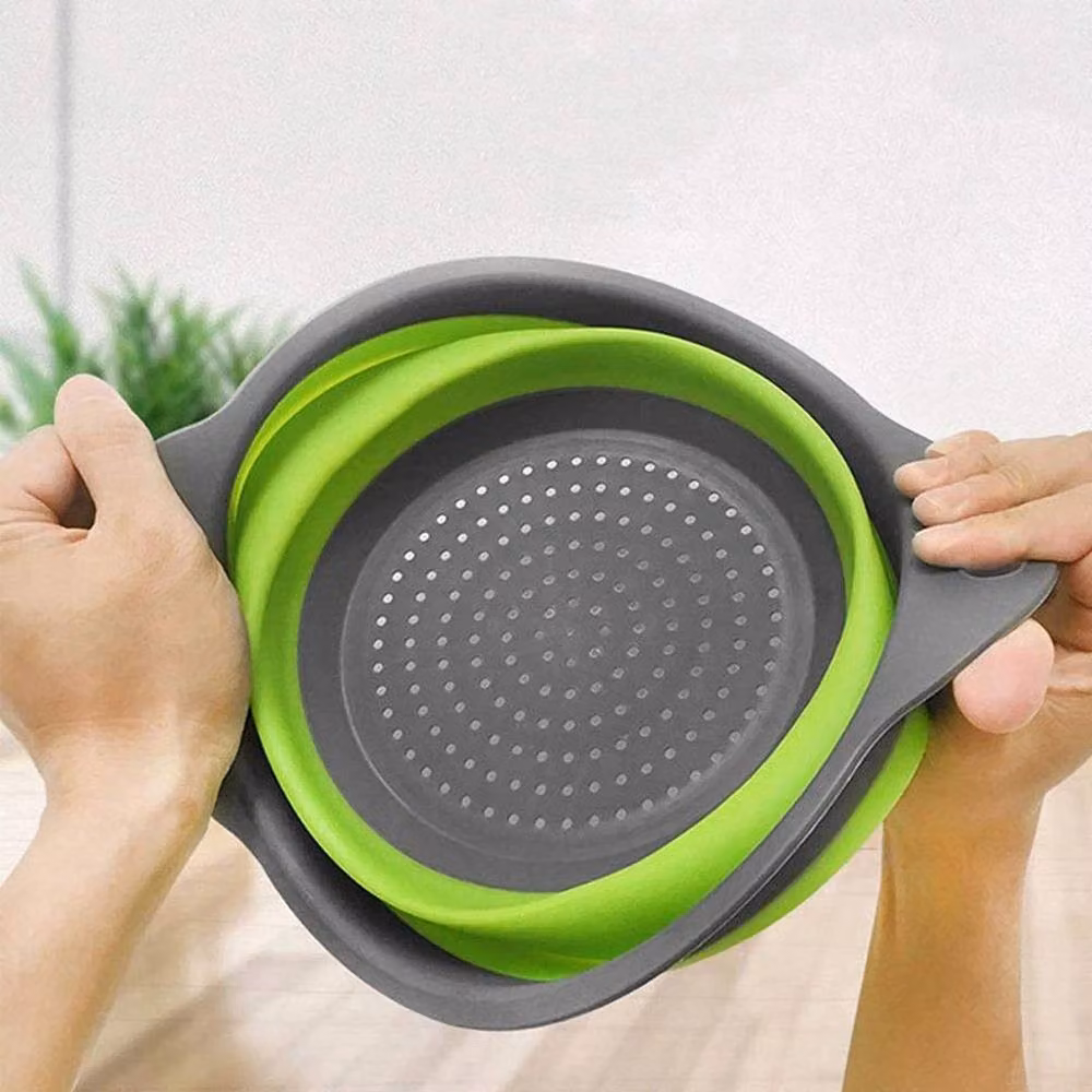 FLAVORA Collapsible Round Colander and Fruit Veg Strainer with Handles in Green – 3
