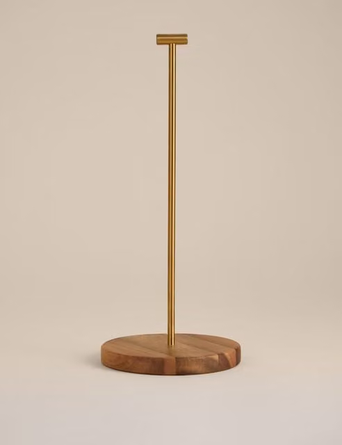M&S Freestanding Wooden and Metal Kitchen Roll Holder in Gold and Beige