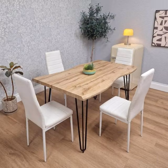 KOSY KOALA Modern Dining Table Set with 4 White Faux Leather Chairs, Brown Wood Table – 1