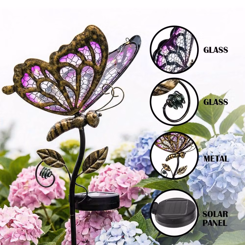 Bright Zeal Decorative Solar Butterfly Stake Lights in Pink, Purple and Blue Glass, Height: 88.9 cm – 2